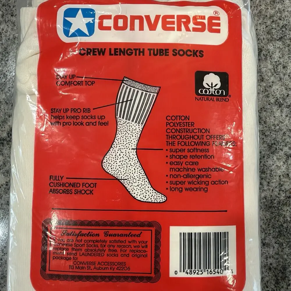 VINTAGE- Converse Chuck Taylor All Star Crew/Tube Socks- 6 PAIR PAK- White 10-13